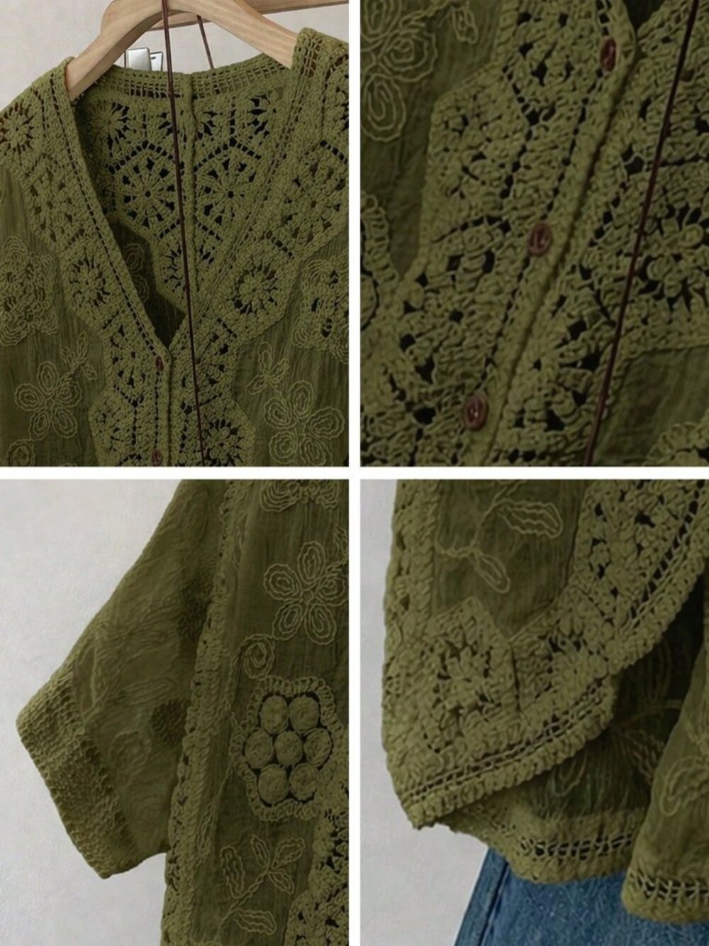 Green Boho Crochet Women's Cardigan with Floral Geometric Lace V-Neck Button-Up - Picture 7 of 7